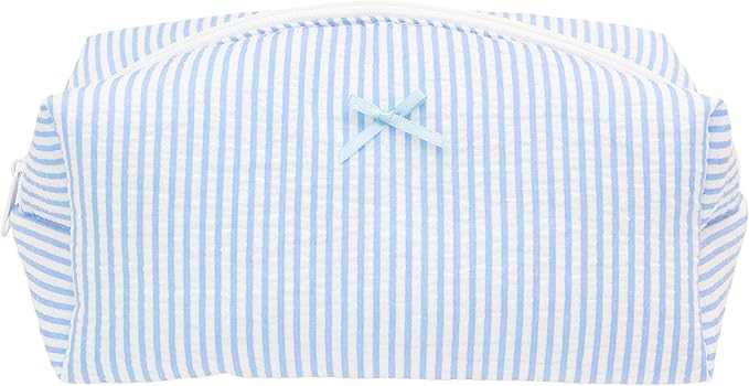 PAZIMIIK Cozy Makeup Bag for Women,Zipper Cosmetic Pouch,Stripe Blue