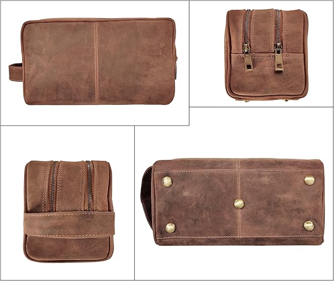 Leather Travel Toiletry Bag for Men, Full Grain Cosmetic Dopp Kit Organizer