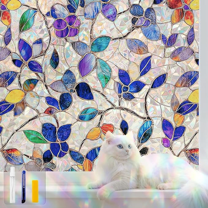 QHYsunshine Stained Glass Window Privacy FilmDecorative Rainbow Static Clings -ldeal for Home &Office,Adhesive-Free,Removable, Uv-Blocking (Purple Rainbow, 17.5 X 157.4 in)