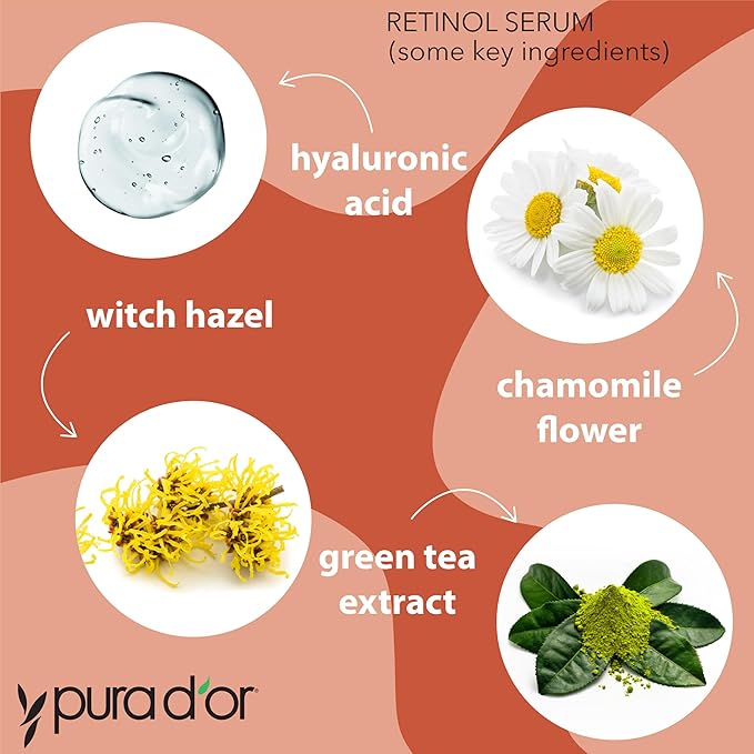 PURA D'OR Retinol Serum Facial Skincare – 3.3 oz Overnight Treatment w/Aloe, Botanical Extracts, Lightweight Fast-Absorbing Hydration for Smoother-Looking Texture, Tone, Radiance, Ayurvedic Skin Care