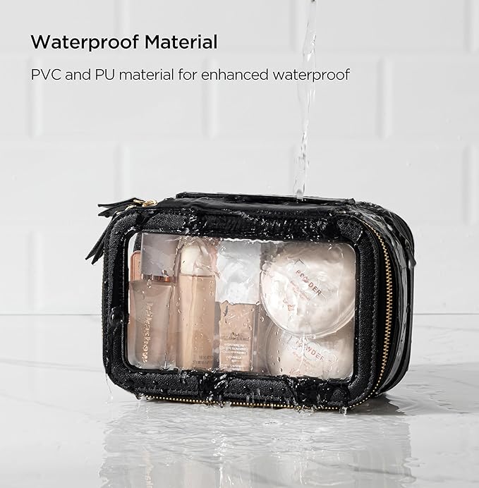 Vorey Medium Clear Makeup Bag for Women, Portable Travel Makeup Bag Organizer Waterproof Toiletry Bag Cute Makeup Bags Cosmetic Bag Makeup Pouch, Black