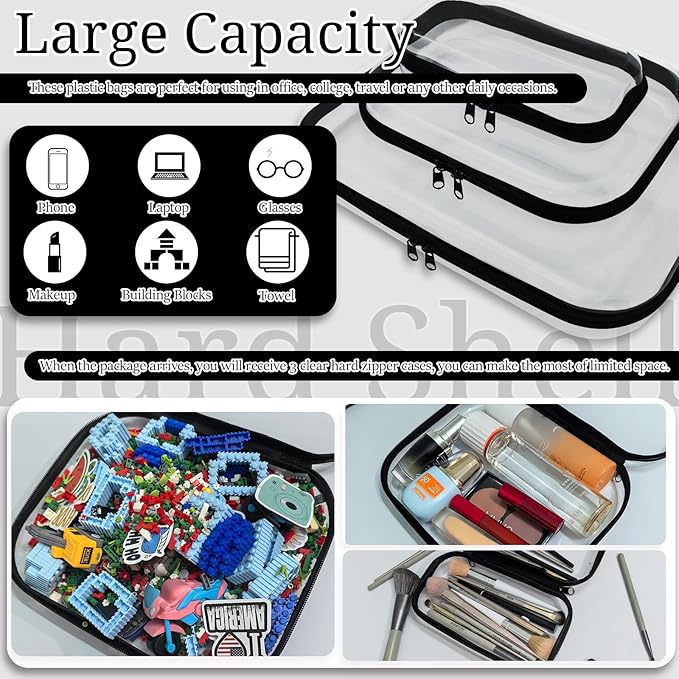 YOQIVEXU 3 Pcs Clear Hard Zipper Case, Hard Shell Plastic Clear Organizer Bag, Transparent Makeup Pouches, Portable Box for Travel Toiletries, Toy Storage Bins (Black, Multi)