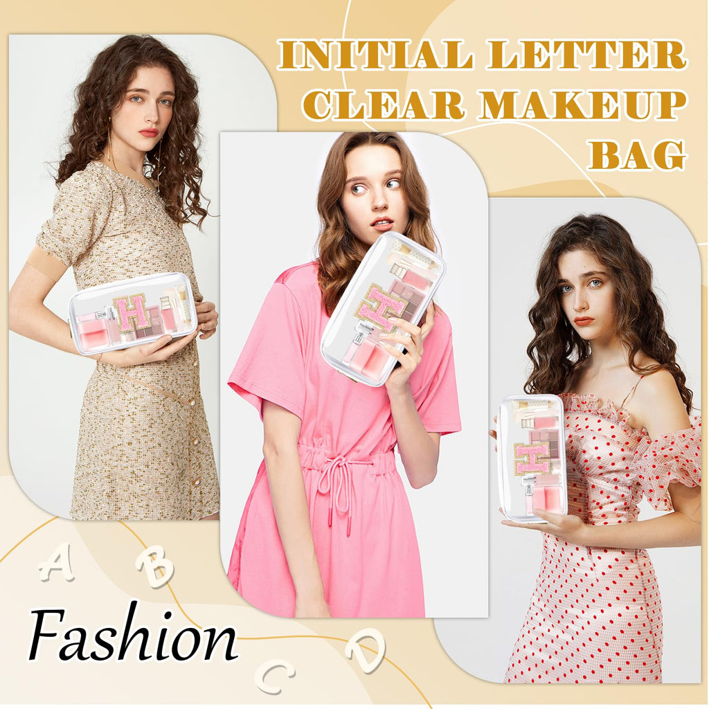 UIXIZQ Personalized Initial Letter Clear Makeup Bag,Preppy Small Nylon&PVC Cosmetic Zipper Bag with Chenille Letter,Travel Skincare Toiletry Bag,Monogram Christmas Gift for Teen Girls Women,H