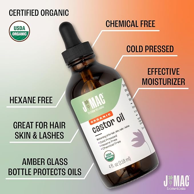 J MAC BOTANICALS Organic Castor Oil Cold Pressed in Amber Glass Bottle (4 oz with Dropper) USDA Certified, Hexane Free - Moisturizing Oil for Hair, Skin, Face, Eyelashes, Brows, & Nails