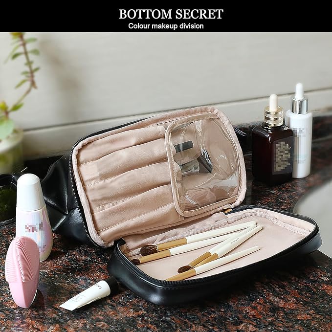 Abiudeng Large Makeup Bag for Women,Travel Makeup Organizer with Brush Holder, Dopp Kit Essentials,Waterproof PU Cosmetic Bag for Traveling,Multi Compartment, Cute,Spacious Capacity-Black
