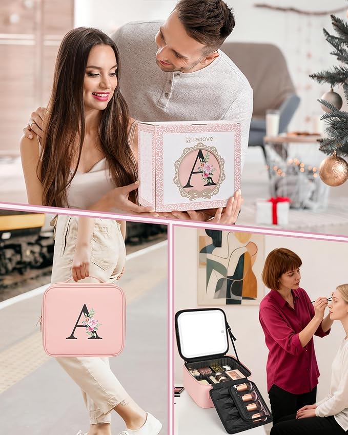 Relavel Initial Makeup Bag with LED Mirror for Women Girls, Personalized Travel Cosmetic Organizer Train Case, Birthday Gifts for Grandkids Bridesmaid Graduation Teacher Friends, Trendy Stuff, Pink G