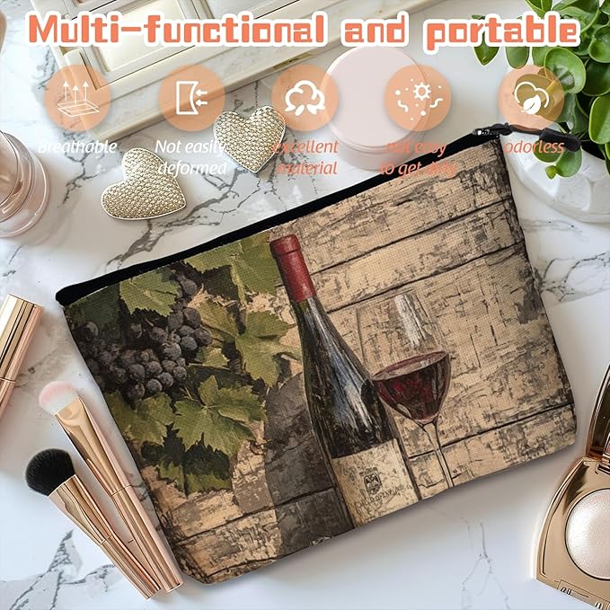 Scribesense Cosmetic Bags Travel Makeup Toilet Case Waterproof Pouch for Women Girls 6.7X9.45inches - Glass And Grapes on An Aged Wooden Background
