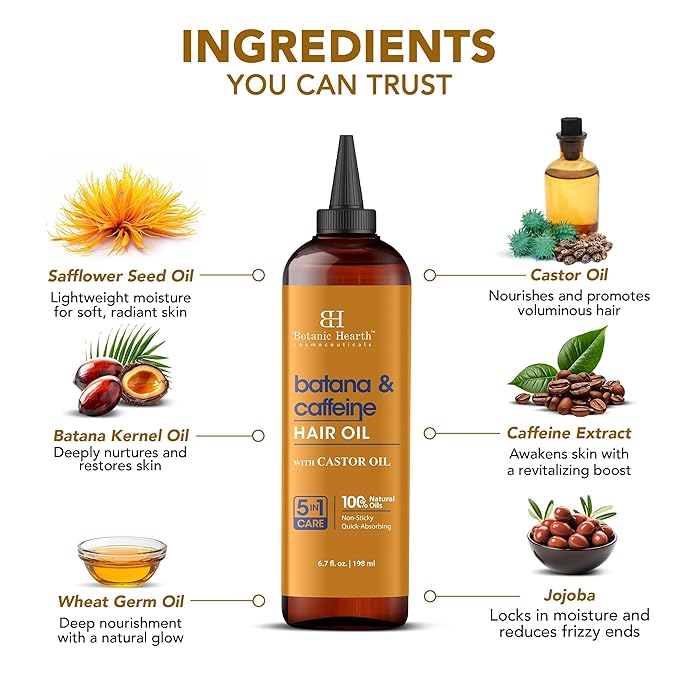 Botanic Hearth 100% Pure Batana & Caffeine Oil For Hair Growth - 6.7 Fl oz