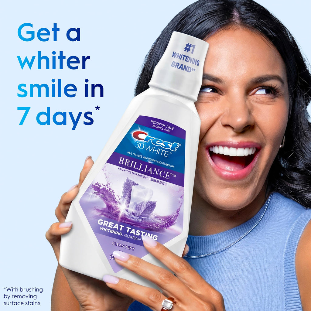 Crest Mouthwash/Mouth Rinse, 3D White Brilliance Whitening, Alcohol Free, Clean Mint, 2x1L (33.8 fl oz)