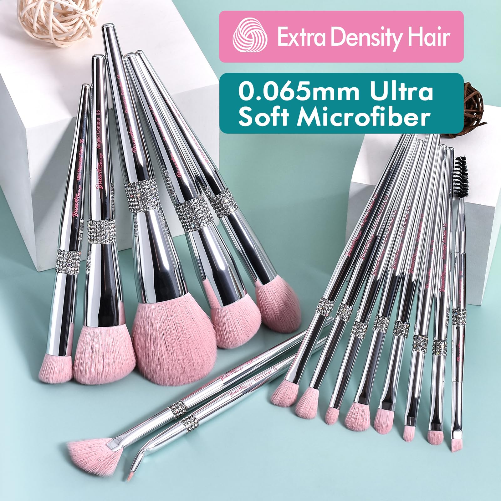 Bueart Design Elegant pink Ultra soft labeled Makeup Brushes Sets with Brush Holder makeup brush set with Foundation Powder blush blending contour Brush (15Pcs Silver Pink+Holder)