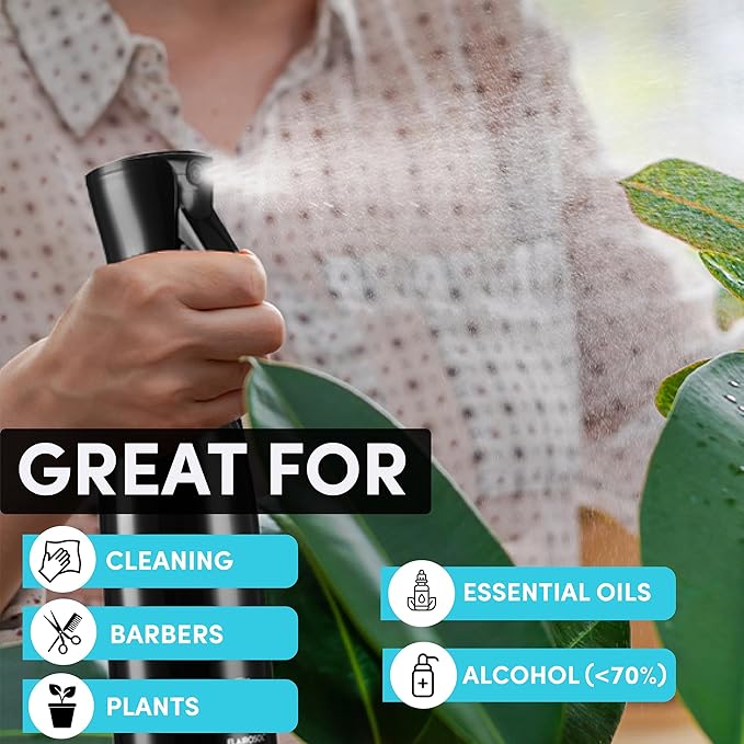 Hula Home Spray Bottle for Hair (20oz/590ml) - Continuous Ultra Fine Mist Sprayer – For Hairstyling, Cleaning, Salons, Plants, Essential Oil & More - Black