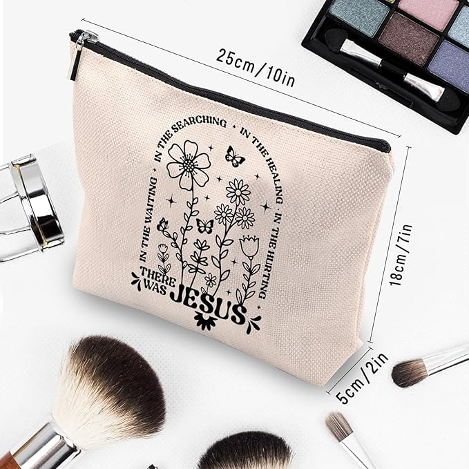 CEASQVAA Boho Floral Christian Makeup Bag, Christian Gifts for Women, Bible Stuff Prayer Supplies, There Was Jesus Cosmetic Bag Pouch