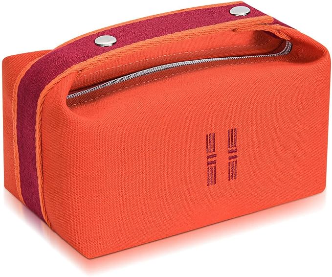Sluxa Fashion Makeup Bag for Women, Orange Red Canvas Make up Travel Bag,Luxury Cosmetic Bag Organizer for Women(Full updated)