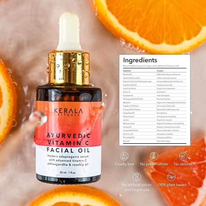 Kerala Botanics Ayurvedic Vitamin C Face Oil – Brightening Face Serum with Bakuchiol, Rosehip Oil & Squalane for Dark Spots, Fine Lines & Dull Skin – Non-Greasy Glow Oil for All Skin Types, 1 Fl Oz