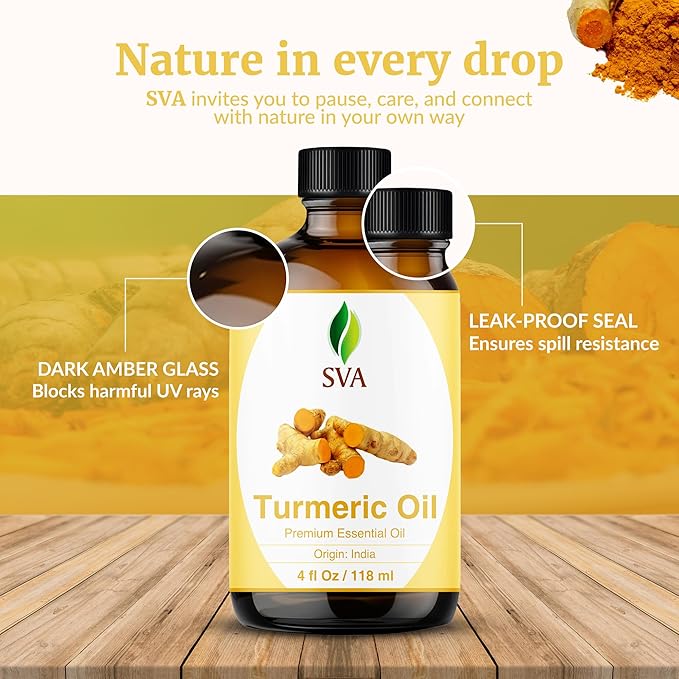 SVA Turmeric Essential Oil 4 Fl Oz – for Diffuser, Skin & Hair Care – Ideal for Massage & DIY Blends - with Dropper