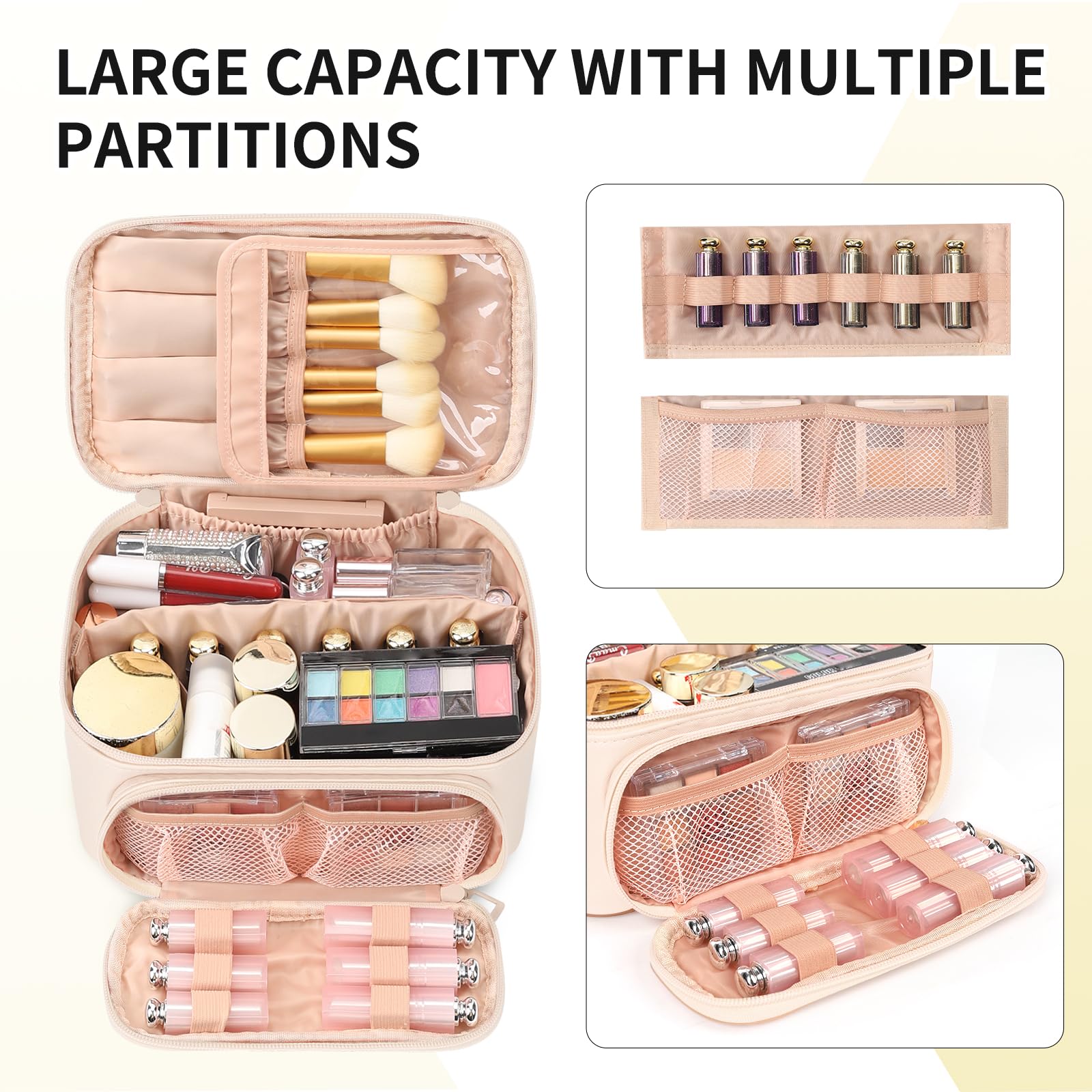 OCHEAL Makeup Bag, Multifunctional Large Cosmetic Organizer Toiletry Brushes Storage Case for Women Girls with Handle Divider - Beige