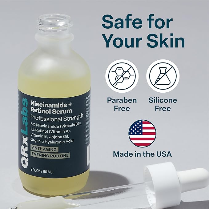 QRxLabs 1% Retinol + 5% Niacinamide Serum – Brightening Face Serum to Help Improve the Appearance of Pores, Texture & Uneven Skin Tone – 2 Fl Oz