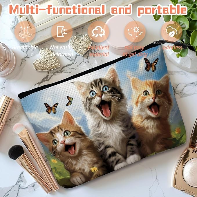 Scribesense Cosmetic Bags Travel Makeup Toilet Case Waterproof Pouch for Women Girls 6.7X9.45inches - Kittens With Butterflies in A Mountain - Sky Background