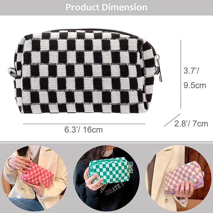 Checkered Makeup Bag for Purse, Small Cosmetic Pouch,Black Coffee,2 Pack