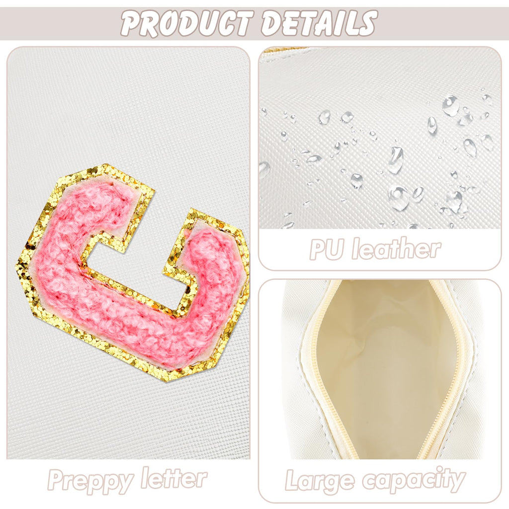 URSKYTOUS Initial Makeup Bag Personalized Preppy Travel Small Cosmetic Bag Cute PU White Chenille Letter Makeup Pouch for Purse Waterproof Zippered Toiletry Organizer for Women Girl Kid Friends(C)