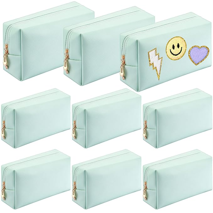Sanwuta 9 Pcs Makeup Bags Bulk Bridesmaid Proposal Gifts Cosmetic Bags Preppy PU Leather Double Zipper Toiletry Pouch Portable Travel Organizer Case for Women Bachelorette Gift(Mint Green)