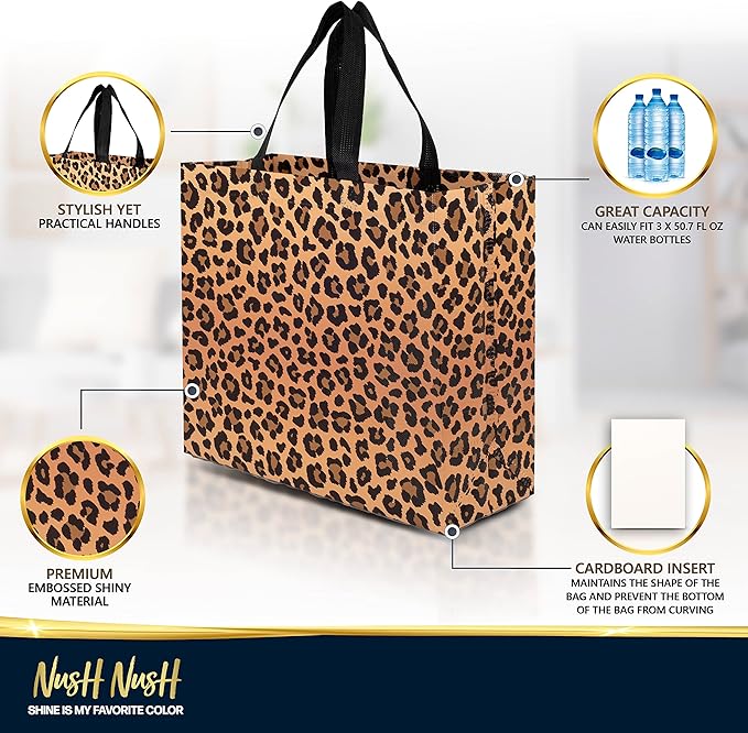 Nush Nush Large Leopard Gift Bags with Handles, 13 x 5 x 11, Set of 12