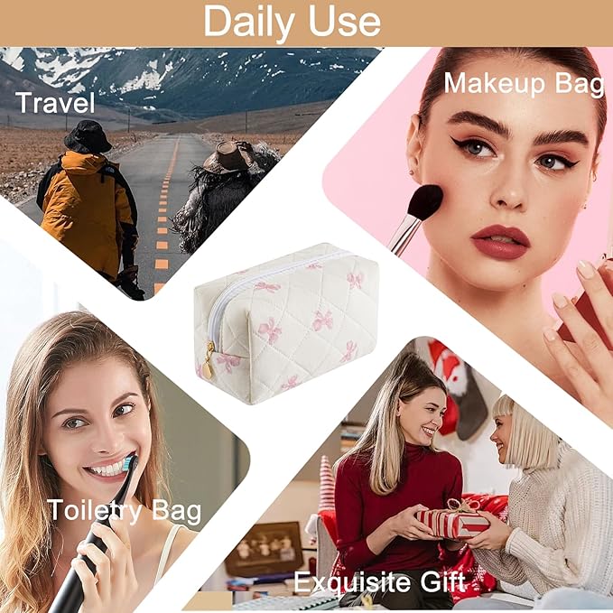 HHQQWZ Makeup Bag Travel Cosmetic Bag for Women Girls, Zipper Make Up Pouch, Floral Flowers Toiletry Organizer Makeup, Portable Storage Bag, Cosmetic Travel Cloth Bag (Pink Bow Tie)