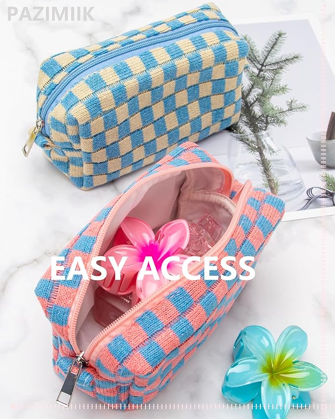 Checkered Makeup Bag for Purse, Small Travel Cosmetic Pouch,Red Blue