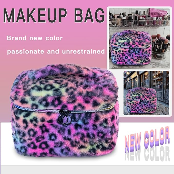 imerelez Plush Makeup Bag for Women, Leopard Print Faux Fur Travel Cosmetic Organizer, 10.2 x 7 x 7 in Soft Fluffy Toiletry Bag for Makeup, Skincare and Beauty Essentials (Rainbow Leopard)