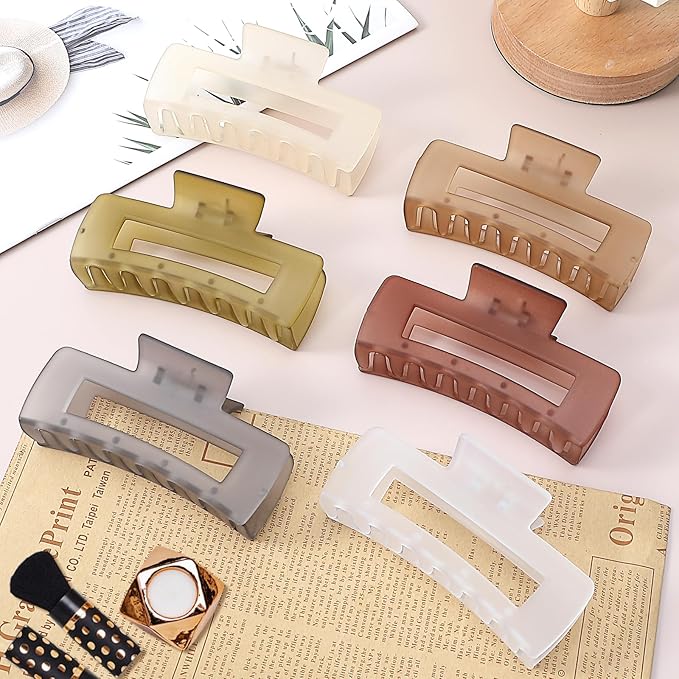 Sisiaipu 4 Inch Big Hair Claw Clips 6 Pcs Large Claw for Thick Hair Square Hair Clips for Women Rectangle Hair Clips Nonslip Acrylic Banana Jaw Clips Hair Accessories for Girls (Tea)
