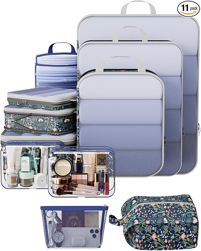 Veken 11 Set Compression Seting Cubes Garment Bags for Travel Essentials,Compressible Expandable Luggage Organizer Bags for Clothing,Space Saver Bags with Over 99 pcs of Mesh Holes(Dark Blue Floral)