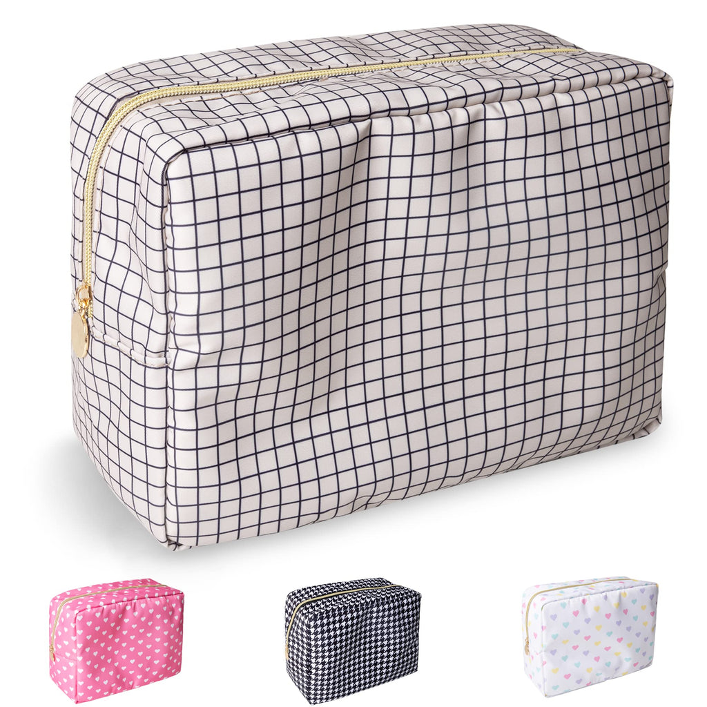 Nylon Large Checkered Makeup Bag Travel Pouch for Women, Big Preppy Makeup Bag Cute Cosmetic Zipper Pouch Purse,Waterproof Toiletry Bag Clutch Makeup Brush Organizer Pouch for Ladies Girls(Checkered)