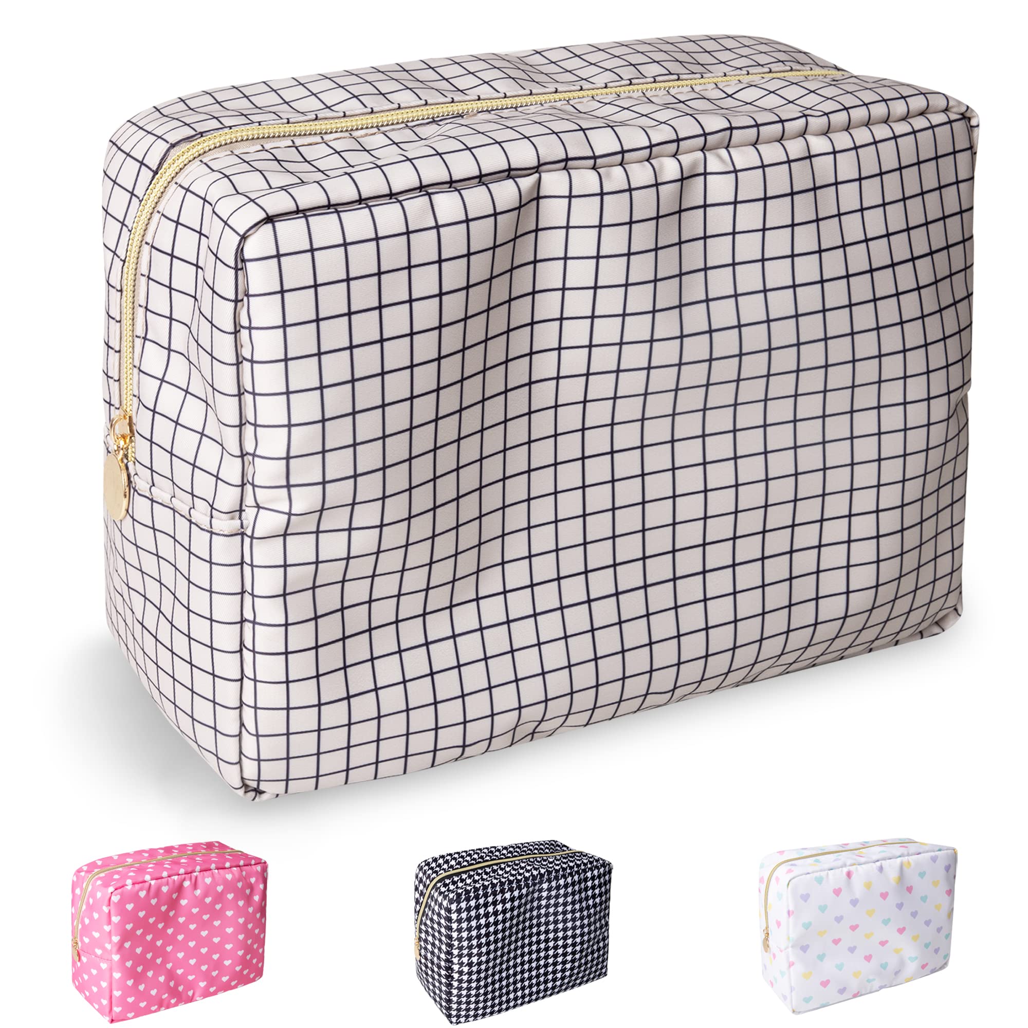 Nylon Large Checkered Makeup Bag Travel Pouch for Women, Big Preppy Makeup Bag Cute Cosmetic Zipper Pouch Purse,Waterproof Toiletry Bag Clutch Makeup Brush Organizer Pouch for Ladies Girls(Checkered)