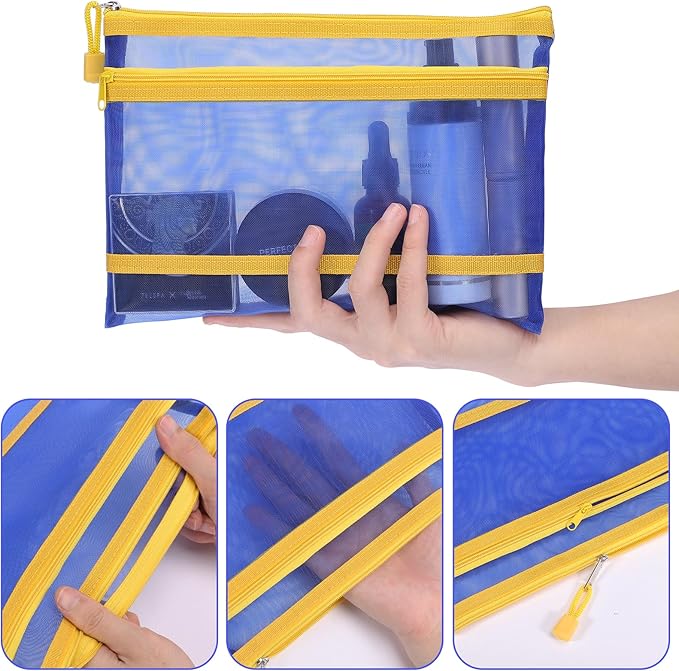 Sinzip 12 Pieces Zipper Nylon Mesh Pouch, Mesh Cosmetic Bags Makeup Bags Pencil Case, Multipurpose Travel Bags for Cosmetic School Office Supplies and Travel Accessories (2 Layers-Blue, A5)
