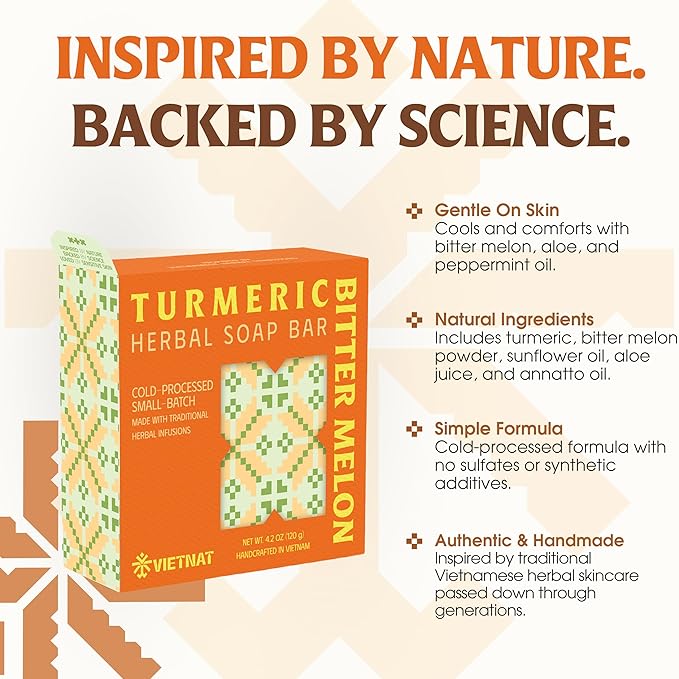 VIETNAT Bitter Melon & Turmeric Natural Bar Soap - 2-in-1 Luxurious Handmade Cold Process Soap Bar for Women's or Men's Body Wash - Refreshing Cleanse for Sweat, Oil & Buildup, 4.2 oz (120g)