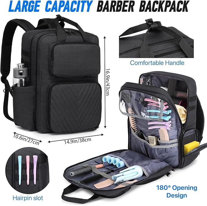 RUCYEN Barber Bag, Large Capacity Barber Case, Travel Hairdresser Organizer Supplies Bag, Hairstylist Backpack for Hair Cutting Tools