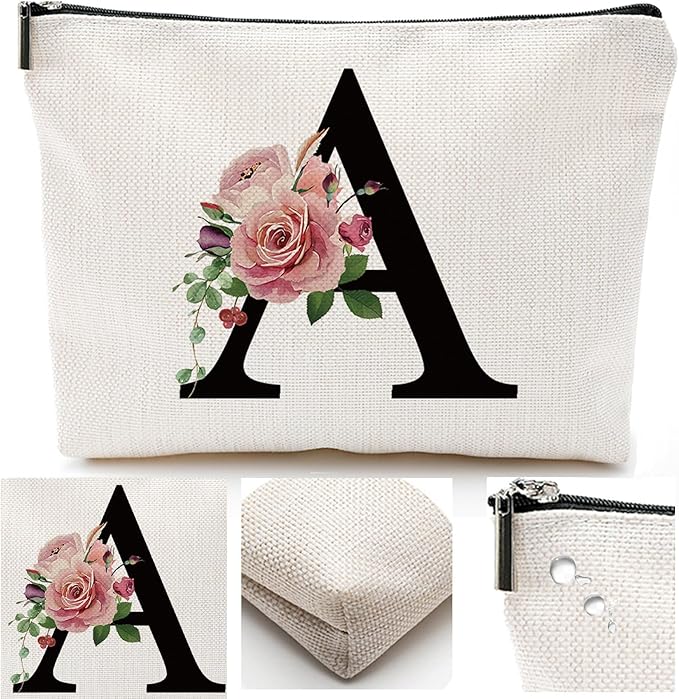 Comanro Initial A-Z Personalized Letter Makeup Bag, Monogrammed Bridesmaid Gifts/Presents Cosmetic Bag, Portable Stationery Storage Organizer Pouch, Friendship Love Travel Makeup Bags