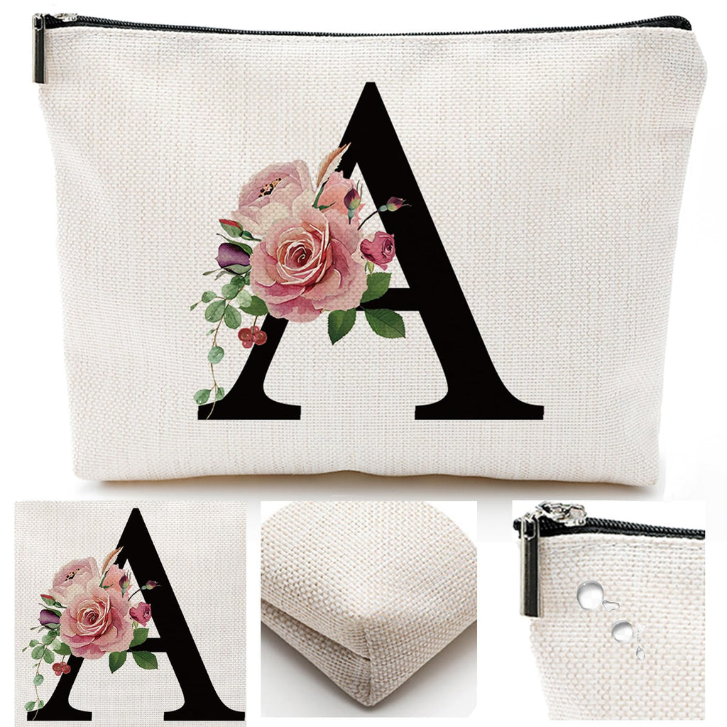 Comanro Initial A-Z Personalized Letter Makeup Bag, Monogrammed Bridesmaid Gifts/Presents Cosmetic Bag, Portable Stationery Storage Organizer Pouch, Friendship Love Travel Makeup Bags