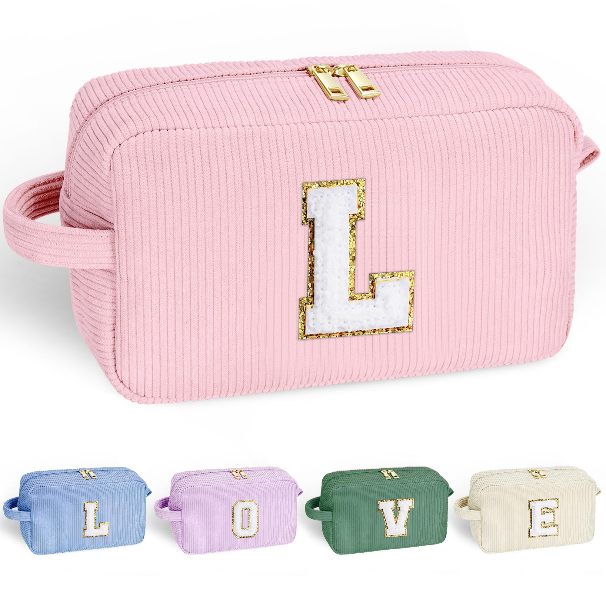 YOOLIFE Cosmetic Bags for Women - Birthday Gifts for Girls Women Preppy Stuff Travel Makeup Bag Teacher Appreciation Gifts Makeup Bags Corduroy Pink Makeup Bag Girlfriend Granddaughter Gifts Letter L