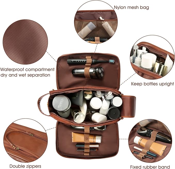 BNSPOCKET Personalized Leather Travel Toiletry Bag for Men, Large Travel Bathroom Shaving Dopp Kit, Large Cosmetic Bag Waterproof
