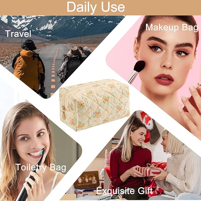 HHQQWZ Makeup Bag Travel Cosmetic Bag for Women Girls, Zipper Make Up Pouch, Floral Flowers Toiletry Organizer Makeup, Portable Storage Bag, Cosmetic Travel Cloth Bag (Yellow Orange Flower)
