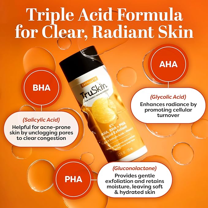 TruSkin AHA PHA BHA Liquid Exfoliant Toner with Vitamin C, 4.2 fl oz