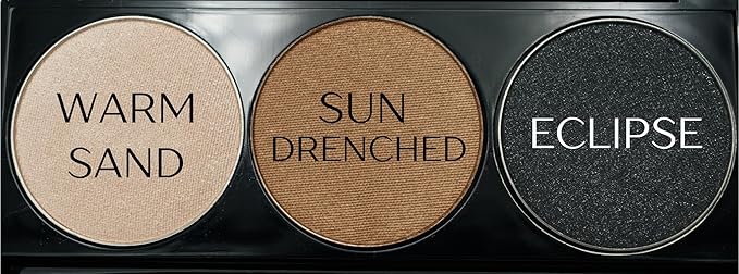 Pure Ziva Metallic Shimmer Off White, Gold Bronze Brown, and Glitter Black Vegan Eyeshadow Trio Palette; Talc, Paraben & Cruelty Free