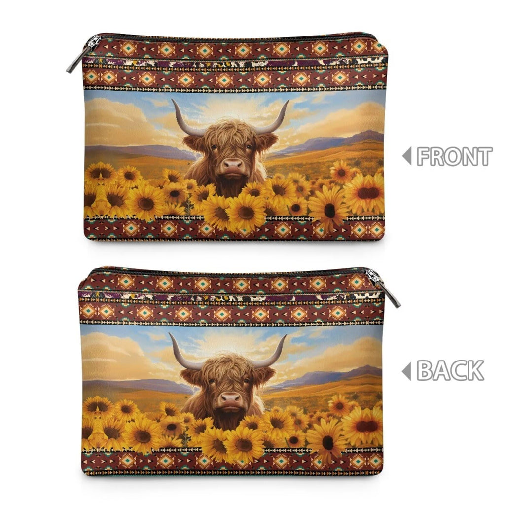COEQINE Sunflower Purse Leather Cosmetic Wallet for Women Western Party Bag Elehant Cosmetic Pouch With Zipper Cute Highland Cow Purses Cosmetic Wallet for Travel Birthday Party