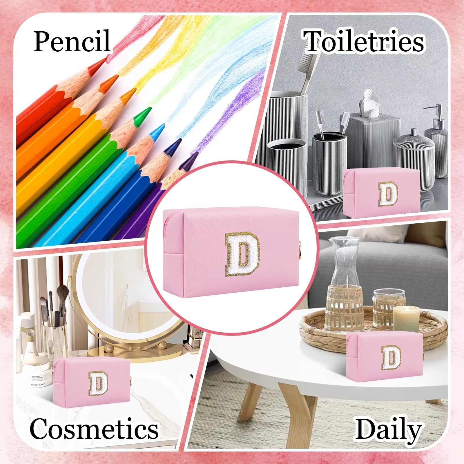 Small Personalized Letter Makeup Bag, Cute PU Leather Chenille Letters Cosmetic Bag Travel Makeup Pouch, Preppy Travel Organizer Zipper Pouch for Women&Girls（Pink-D）