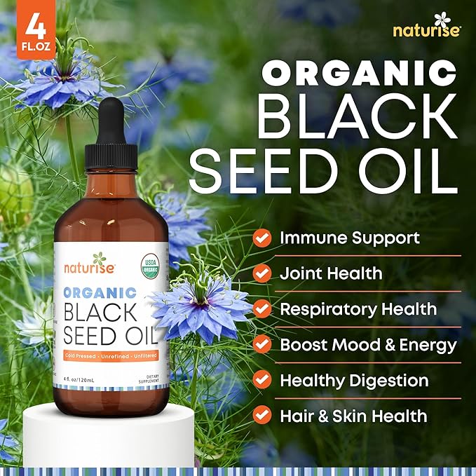 Naturise USDA Black Cumin Seed Oil Organic – Nigella Sativa Black Seed Oil Organic Cold Pressed & Unrefined in Glass Bottle – Vegan, Non-GMO Blackseed Nails & Hair Growth Oils (4 fl oz)