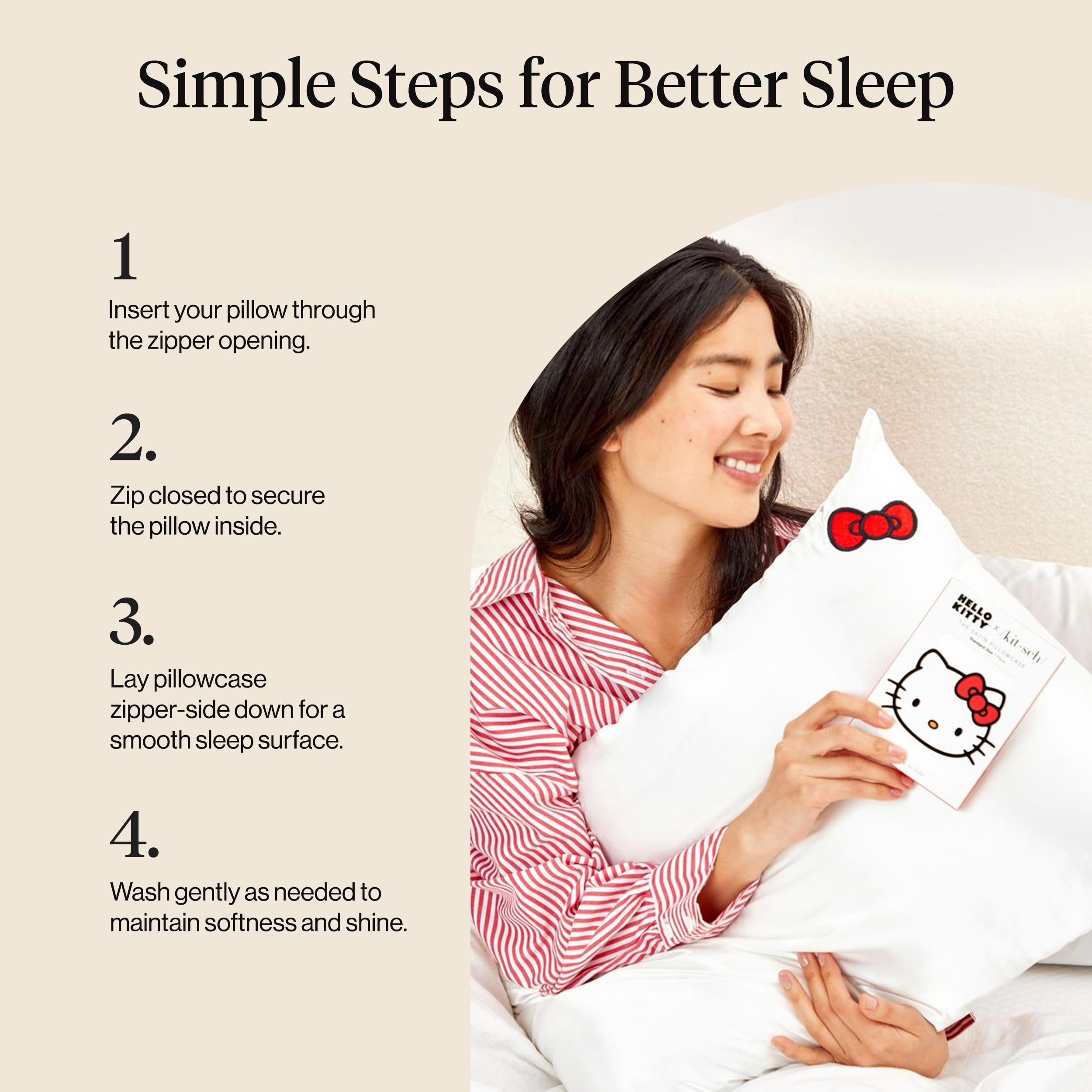 Kitsch x Hello Kitty Satin Pillowcase - Size 19x26, Ivory