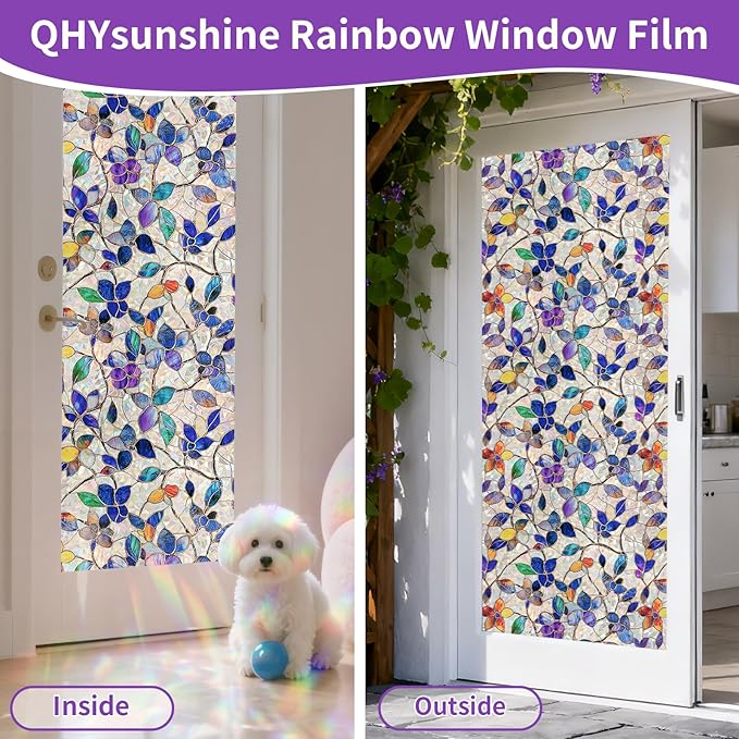QHYsunshine Stained Glass Window Privacy FilmDecorative Rainbow Static Clings -ldeal for Home &Office,Adhesive-Free,Removable, Uv-Blocking (Purple Rainbow, 45.2 X 157.4 in)