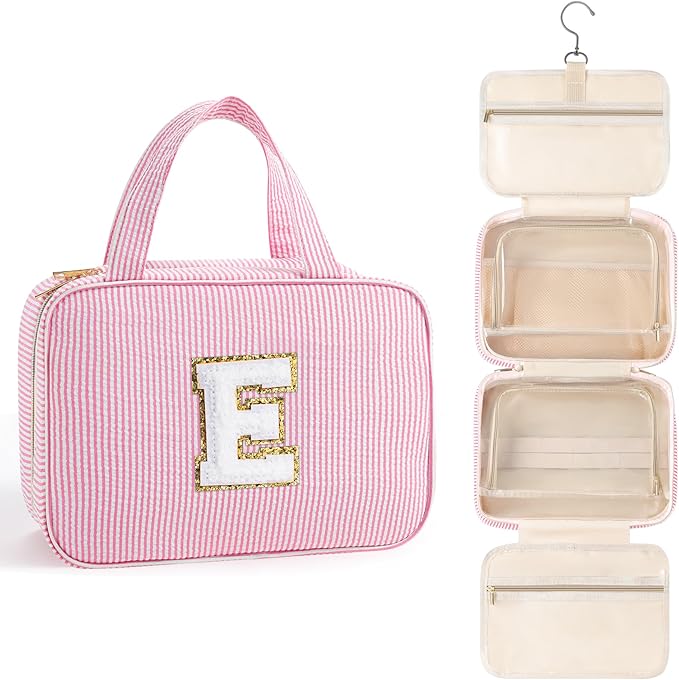 TOPEAST Gifts for Teen Girls Kids - Travel Hanging Toiletry Bag, Personalized Initial Toiletry Pouch, Gifts for Mom Daughter Sister Friends, Letter E, Pink