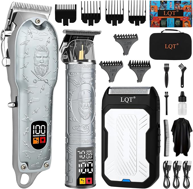 LQT Professional Hair Clippers for Men, Cordless T-Blade Beard Trimmer Kit, LED Display,Long Battery Life, Rechargeable Electric Hair Cutting Machine for Home & Barber, Best Gift for Holidays (Silver)